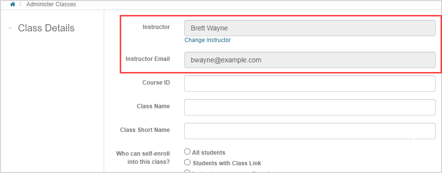 In creating or editing class details, on the right of the page the Instructor and Instructor Email fields are the first and second from the top.